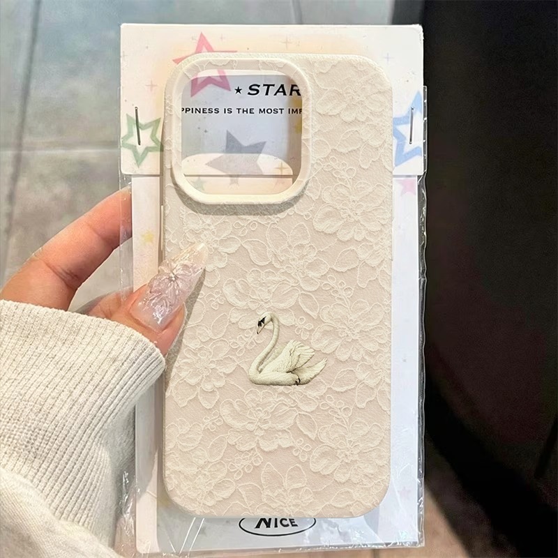 Apple Iphone 15 - レーススワン柄ライチテクスチャスマホケース iPhone 17 16 15 Pro